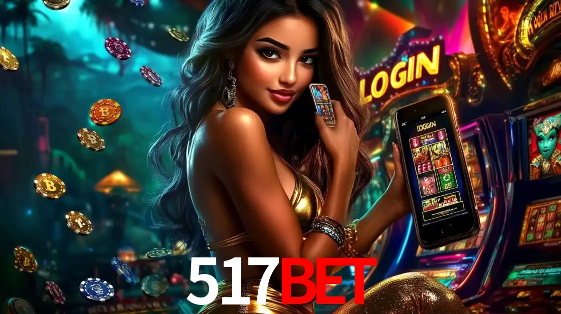 Mulher em um cenário de cassino temático de aventura, mostrando o app de caça-níqueis da 517bet no celular. Fichas de apostas flutuam ao redor.