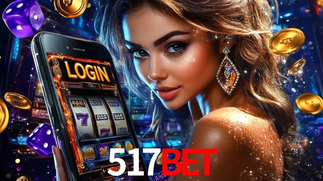 Mulher glamorosa segurando um smartphone com a tela de login para os jogos de caça-níqueis do cassino online 517bet, com moedas de ouro e dados ao redor.