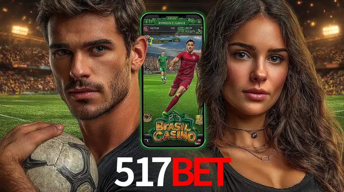 Homem segurando uma bola de futebol e uma mulher ao lado de um smartphone exibindo o jogo de apostas esportivas da 517bet. Faça seu palpite no cassino online.